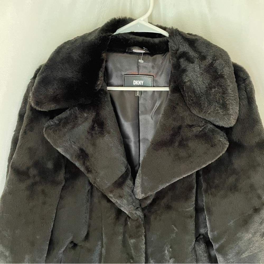 NWT DKNY Black Teddy Jacket Plush Mid-Length Faux Fur Coat Midi Size Large - Picture 7 of 12